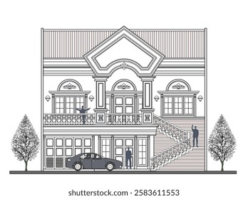 Facade of 2 storey asymmetrical classical  house with 3 doors, 6 windows, triangular crown, frames, balustrade, stair, canopy, balcony and its design elements.