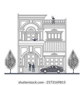 Facade of 2 storey asymmetrical colonial house style with 3 doors, 4 columns,  windows,  garage, crown, balustrade, frames, stair, canopy  and its elements design.