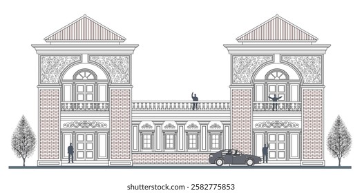 Facade of 2 storey symmetrical classical style  houses with 4 doors, 4 windows, triangular roof, frames, crowns, balustrade, canopy, balcony and its design elements.