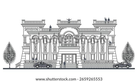 Facade of 2 storey symmetrical classical  building with 2 doors, 12 windows, 9 columns, frames, balustrade, canopy, balcony, and trapezoidal elements.