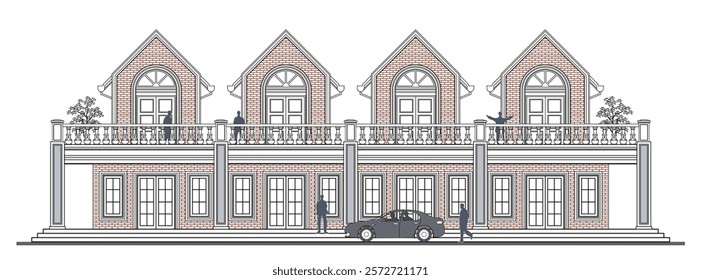 Facade of 2 storey symmetrical colonial shop house style with 8 doors, 5 columns, quadruplets triangular roof, balustrade, frames, stairs, canopy  and its elements design.