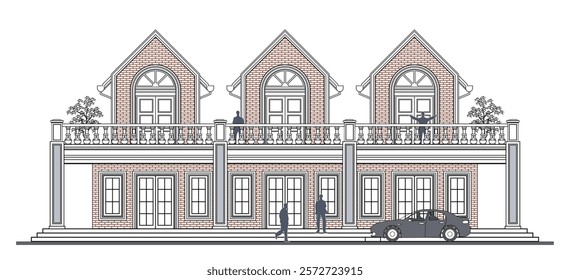 Facade of 2 storey symmetrical colonial shop house style with 6 doors, 4 columns, triplets triangular roof, balustrade, frames, stairs, canopy  and its elements design.