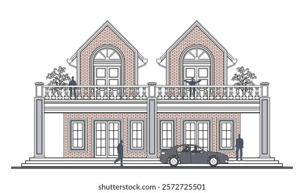 Facade of 2 storey symmetrical colonial shop house style with 4 doors, 3 columns, twin triangular roof, balustrade, frames, stairs, canopy  and its elements design.