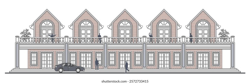 Facade of 2 storey symmetrical colonial shop house style with 10 doors, 6 columns, quintuplets triangular roof, balustrade, frames, stairs, canopy  and its elements design.