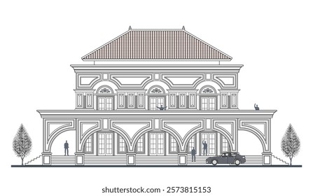 Facade of 2 storey symmetrical colonial style shophouse with 6 doors, 16 columns, trapezoidal roof, frames, stairs, canopy  and its elements design.