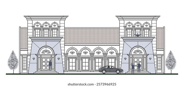 Facade of 2 storey symmetrical colonial style building with 2 doors, 12 windows, roof, frames, stairs, canopy and trapezoidal wall elements. 