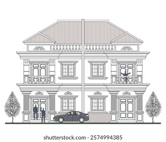 Facade of 2 storey symmetrical colonial style twin houses with 4 doors, 4 windows, trapezoidal roof, frames, crowns, canopy, balcony and its design elements.