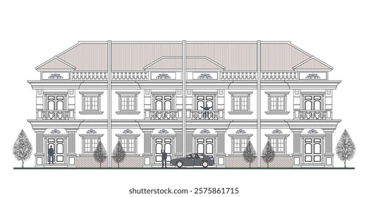 Facade of 2 storey symmetrical colonial style  houses with 8 doors, 8 windows, trapezoidal roof, frames, crowns, balustrade, canopy, balcony and its design elements.