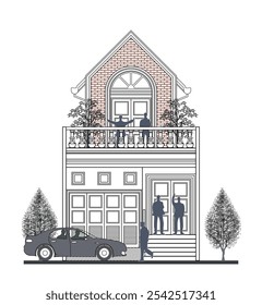 Facade of 2 storeys asymmetrical modern classic house with 3 doors, 3 small windows, long balustrade, frame, decoration, and triangular wall elements.