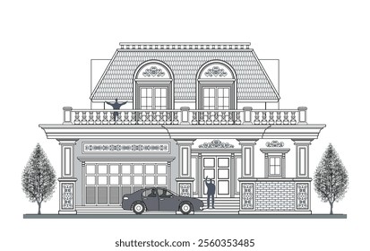 Facade of 2 storeys asymmetrical modern classic house with 2 doors, 3 windows, 4 columns, balustrade, frames, decoration, stairs, crowns, canopy, curve lines and trapezoidal roof.