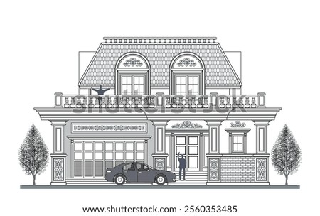 Facade of 2 storeys asymmetrical modern classic house with 2 doors, 3 windows, 4 columns, balustrade, frames, decoration, stairs, crowns, canopy, curve lines and trapezoidal roof.