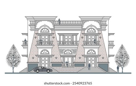 Fachada de 2 andares edifício clássico moderno simétrico com 5 portas, 12 janelas, corrimão, escadas, 2 coroas, balaustrada longa, quadro, decoração, parede trapezoidal e seu design de elementos.