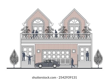 Facade of 2 storeys symmetrical modern classic house with 4 doors, 2 small windows, long balustrade, frame, decoration, stairs and twin triangular wall elements.