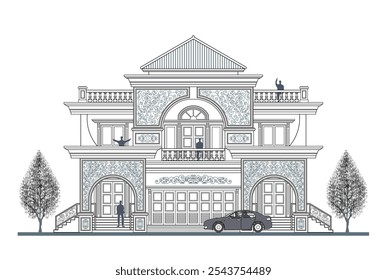 Facade of 2 storeys symmetrical modern classic house with 4 doors, 4 windows, balustrade, frame, stairs, canopy, decoration, curve wall elements and triangular roof.