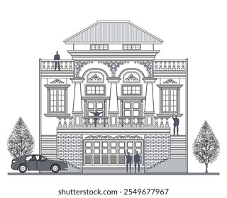 Facade of 2 storeys symmetrical modern classic building with 3 doors, 6 windows, frame, twin stairs, balustrade, canopy, balcony, 3 columns, stoned wall, trapezoidal roof and its elements design.