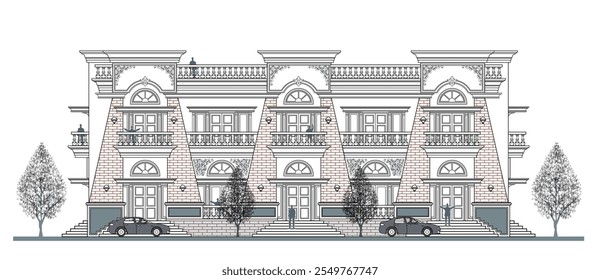 Fachada de 2 andares edifício clássico moderno simétrico com 8 portas, 2 janelas, quadros, escadas, balaustrada, dossel, coroa, varanda e elementos de parede trapezoidal triplet.