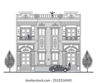 Facade of 2 storeys symmetrical modern classic house with 4 doors, 4 windows, 4 columns, balustrade, frames, decoration, crowns, canopy and its elements design.