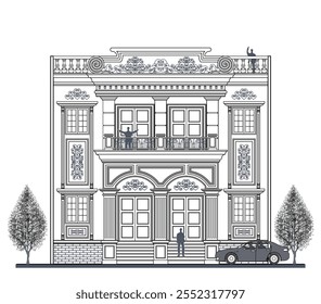Facade of 2 storeys symmetrical modern classic house with 4 doors, 4 windows, 3 columns, balustrade, frames, decoration, stairs, crowns, canopy and its elements design.