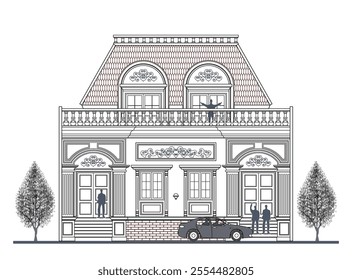 Facade of 2 storeys symmetrical modern classic house with 2 doors, 4 windows, 4 columns, long balustrade, frames, decoration, stairs, crowns, canopy, trapezoidal roof and its elements design.