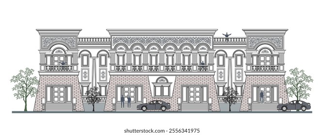 Facade of 2 storeys symmetrical modern classic building with 6 doors, 16 windows, 11 columns, balustrade, frames, decoration, stairs, crowns, canopy and trapezoidal wall elements.