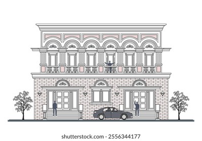 Facade of 2 storeys symmetrical modern classic building with 8 doors, 2 windows, 7 columns, balustrade, frames, decoration, stairs, crowns, canopy and its design elements.