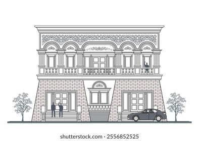 Facade of 2 storeys symmetrical modern classic building with 3 doors, 5 windows, 6 columns, balustrade, frames, decoration, stairs, crowns, canopy and trapezoidal wall elements.