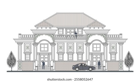 Facade of 2 storeys symmetrical modern classic building with 3 doors, 9 windows, 6 columns, balustrade, frames, decoration, stairs, crowns, canopy and trapezoidal roof.