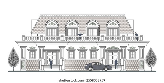 Facade of 2 storeys symmetrical modern classic building with 2 doors, 9 windows, 6 columns, balustrade, frames, decoration, stairs, crowns, canopy, curve lines and trapezoidal roof.