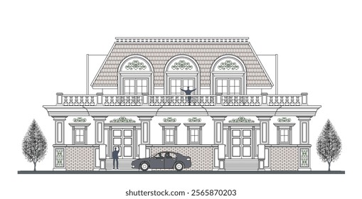 Facade of 2 storeys symmetrical modern classic house with 2 doors, 7 windows, 6 columns, balustrade, frames, decoration, stairs, crowns, canopy, trapezoidal roof and its elements design.