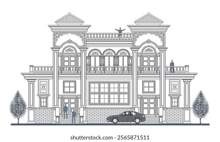 Facade of 2 storeys symmetrical modern classic house with 4 doors, 6 windows, 6 columns, balustrade, frames, decoration, stairs, crowns, canopy, triangular roof and its elements design.