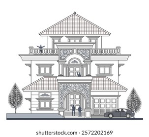 Facade of 3 storey asymmetrical colonial building style with 2 doors, 4 columns, triangular roof, balustrade, frames, decoration, stairs, crowns, canopy  and its elements design.