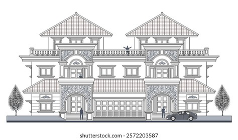 Facade of 3 storey asymmetrical colonial building style with 5 doors, 8 columns, twin triangular roof, balustrade, frames, decoration, stairs, crowns, garage, canopy  and its elements design.