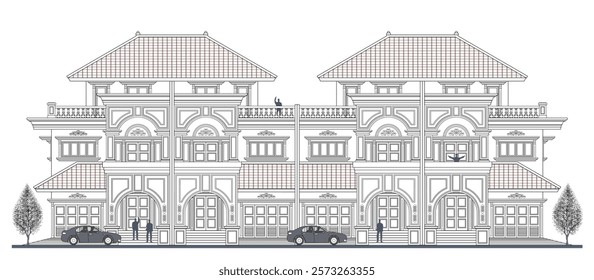 Facade of 3 storey symmetrical colonial houses style with 12 doors, 16 columns, windows, garage, crown,  balustrade, frames, stairs, canopy, trapezoidal roof  and its elements design.