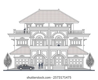 Facade of 3 storey twin asymmetrical colonial house style with 3 doors, 4 columns,  windows,  garage, crown, balustrade, frames, stair, canopy, trapezoidal roof and its elements design.