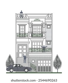 Facade of 3 storeys asymmetrical modern classic house with 2 doors, 5 windows, balustrade, crown, frame, decoration, stair, railing, canopy and its elements design.
