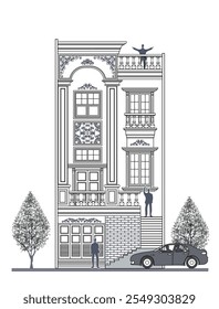 Fachada de 3 pisos asimétrica moderna casa clásica con 2 puertas, 4 ventanas, 2 columnas, marco, balaustrada, dosel, corona, balcón, garaje y su diseño de Elementos.
