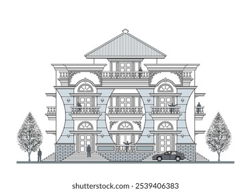 Facade of 3 storeys symmetrical modern classic building  with 6 doors, a window, twin curve wall elements, balustrade, stairs, frame, decoration, crowns, veranda, canopy and a triangular roof.