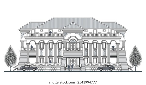 Fachada de 3 andares edifício clássico moderno simétrico com 2 portas, 24 janelas, escadas, coroa, balaustrada longa, quadro, decoração, parede trapezoidal, elementos de curva e telhado triangular.

