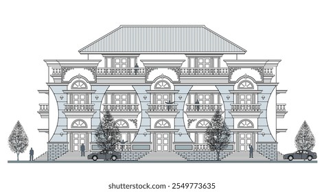 Fachada de 3 andares edifício clássico moderno simétrico com 10 portas, 2 janelas, molduras, escadas, balaustrada, dossel, coroa, varanda, telhado trapezoidal e elementos de parede curva.