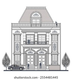 Facade of 3 storeys symmetrical modern classic house with 2 doors, 7 windows, 3 columns, long balustrade, frames, decoration, stairs, crowns, canopy, trapezoidal roof and its elements design.