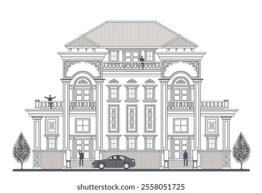 Facade of 3 storeys symmetrical modern classic building with 5 doors, 12 windows, 6 columns, balustrade, frames, decoration, stairs, crowns, canopy and trapezoidal roof.