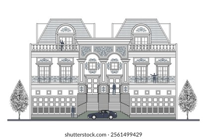 Facade of 3 storeys symmetrical modern classic house with 4 doors, 6 windows, 3 columns, balustrade, frames, decoration, stairs, crowns, canopy, trapezoidal roof and its elements design.