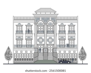 Facade of 3 storeys symmetrical modern classic house with 6 doors, 8 windows, 3 columns, balustrade, frames, decoration, stairs, crowns, canopy, trapezoidal roof and its elements design.