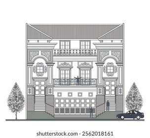 Facade of 3 storeys symmetrical modern classic house with 3 doors, 4 windows, 4 columns, balustrade, frames, decoration, stairs, crowns, canopy, triangular roof and its elements design.