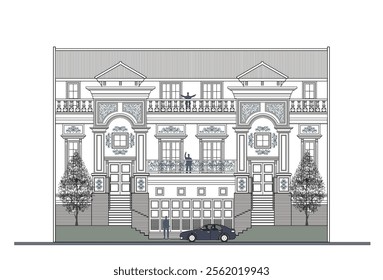 Facade of 3 storeys symmetrical modern classic house with 3 doors, 8 windows, 4 columns, balustrade, frames, decoration, stairs, crowns, canopy, triangular roof and its elements design.