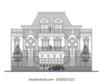 Facade of 3 storeys symmetrical modern classic house with 3 doors, 6 windows, 4 columns, balustrade, frames, decoration, stairs, crowns, garage, canopy, trapezoidal roof and its elements design.