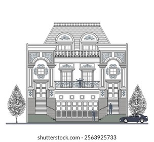 Facade of 3 storeys symmetrical modern classic house with 3 doors, 4 windows, 4 columns, balustrade, frames, decoration, stairs, crowns, garage, canopy, trapezoidal roof and its elements design.