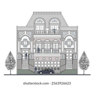 Facade of 3 storeys symmetrical modern classic house with 3 doors, 5 windows, 8 columns, balustrade, frames, decoration, stairs, crowns, garage, canopy, trapezoidal roof and its elements design.