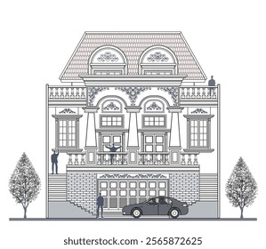 Facade of 3 storeys symmetrical modern classic house with 3 doors, 4 windows, 3 columns, balustrade, garage, frames, decoration, stairs, crowns, canopy, trapezoidal roof and its elements design.