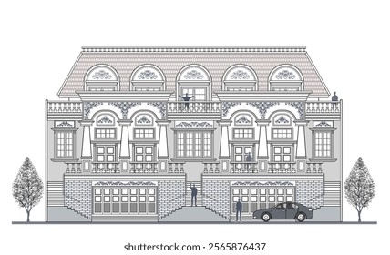 Facade of 3 storeys symmetrical modern classic house with 6 doors, 8 windows, 6 columns, balustrade, garage, frames, decoration, stairs, crowns, canopy, trapezoidal roof and its elements design.